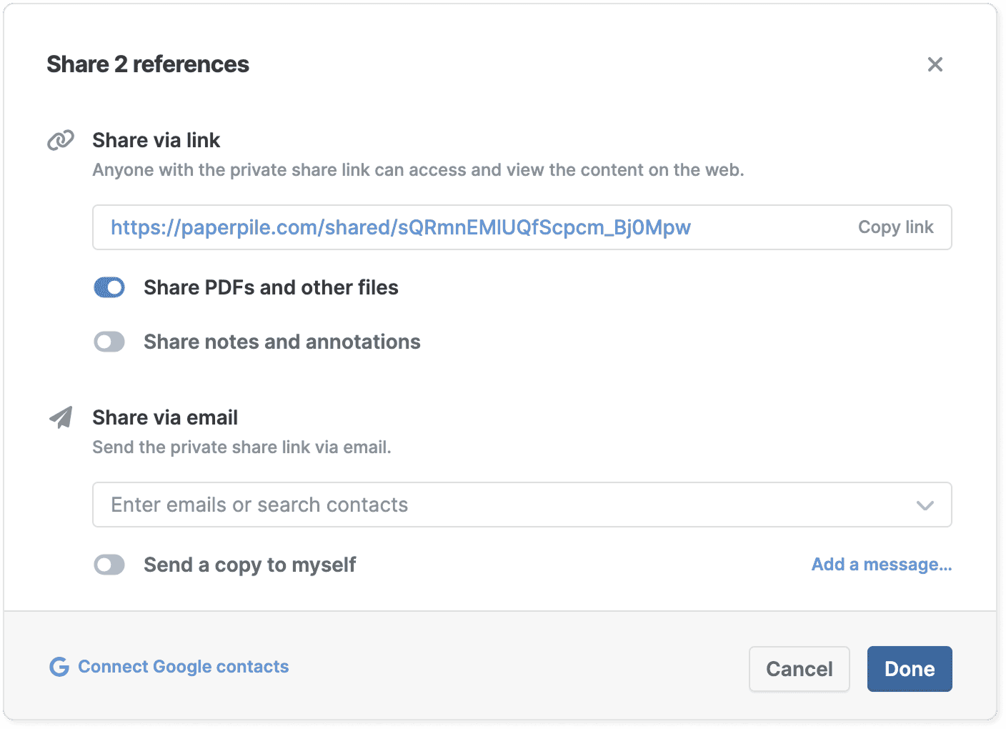 The “Share 2 references” dialog with a private share link and “Copy link” action, “Share PDFs and other files” switched on and “Share notes and annotations” off, above an email field and Cancel and Done buttons.